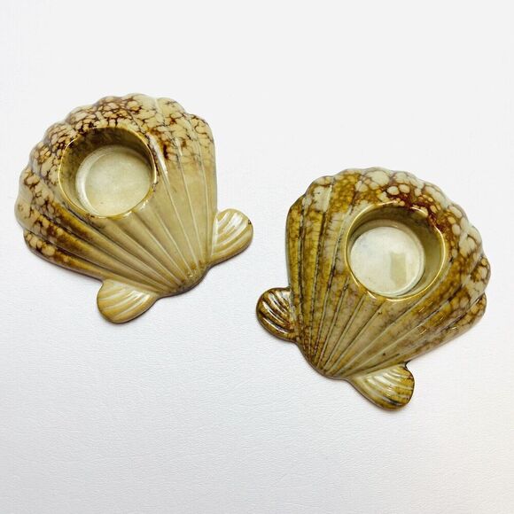 Ceramic Shell Candle Holders (2) Tea Light Beige Dappled Glazed Beach House - Picture 1 of 4